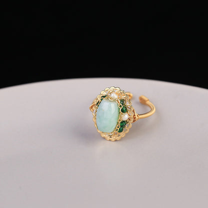 Classical Retro Opening Design Chalcedony Pearl Ring, Adjustable