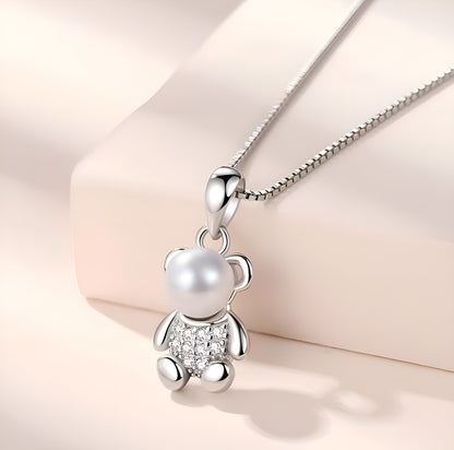 925 Cute Bear Pendant Sterling Silver Pearl Necklace