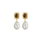 Tiger's Eye Stone Silver Needle Pearl Earrings