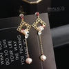Hollow Square Four-leaf Flowers Freshwater Pearl Flower Long Earrings