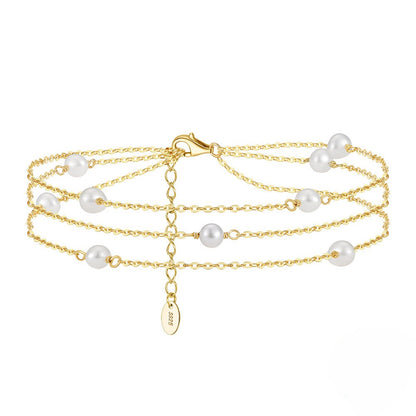 925 Sterling Silver Baroque Pearl Three-layer Chain Anklet