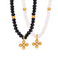 Black Glass Stone White Imitation Pearl Beaded Cross Necklace