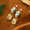 Hand-painted Square Tanglin Jade Freshwater Pearl Earrings