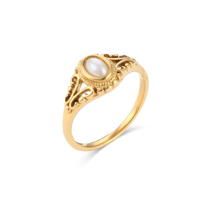 Stainless Steel Gold-plated Flower Pattern Fine Pearl Ring,#5-#10