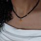 Black Glass Stone White Imitation Pearl Beaded Cross Necklace