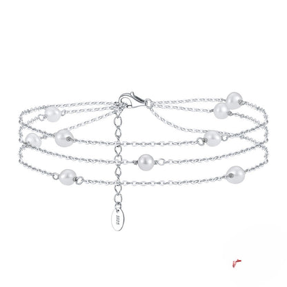 925 Sterling Silver Baroque Pearl Three-layer Chain Anklet