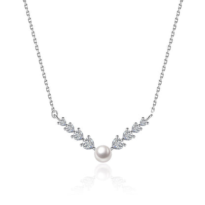 925 Sterling Silver Classic Round Diamond Pearl Necklace