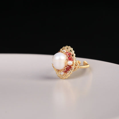 Classical Retro Opening Design Chalcedony Pearl Ring, Adjustable