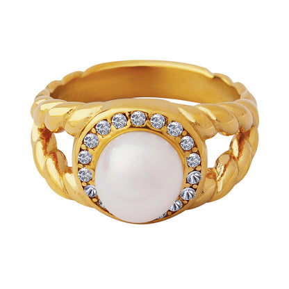 Exquisite Non-fading Titanium Steel Gold-plated Pearl Ring, #6,#7,#8